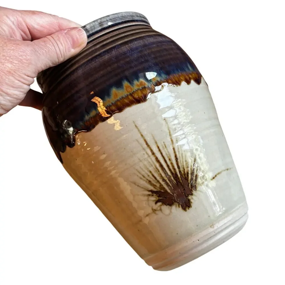Vintage signed studio pottery vase stoneware blue drip glaze country farmhouse